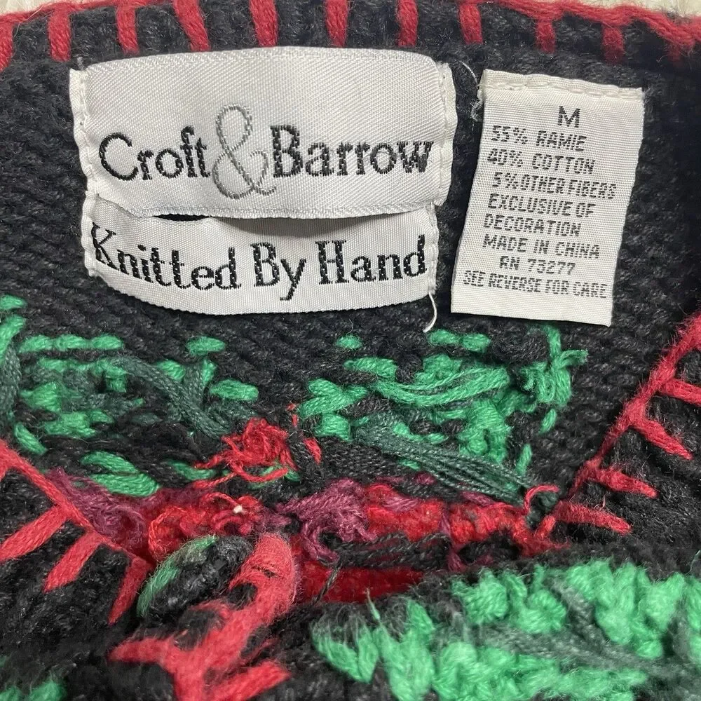 Vintage Croft And Barrow Poinsettia Cardigan Sweater Black Red And Green Size M